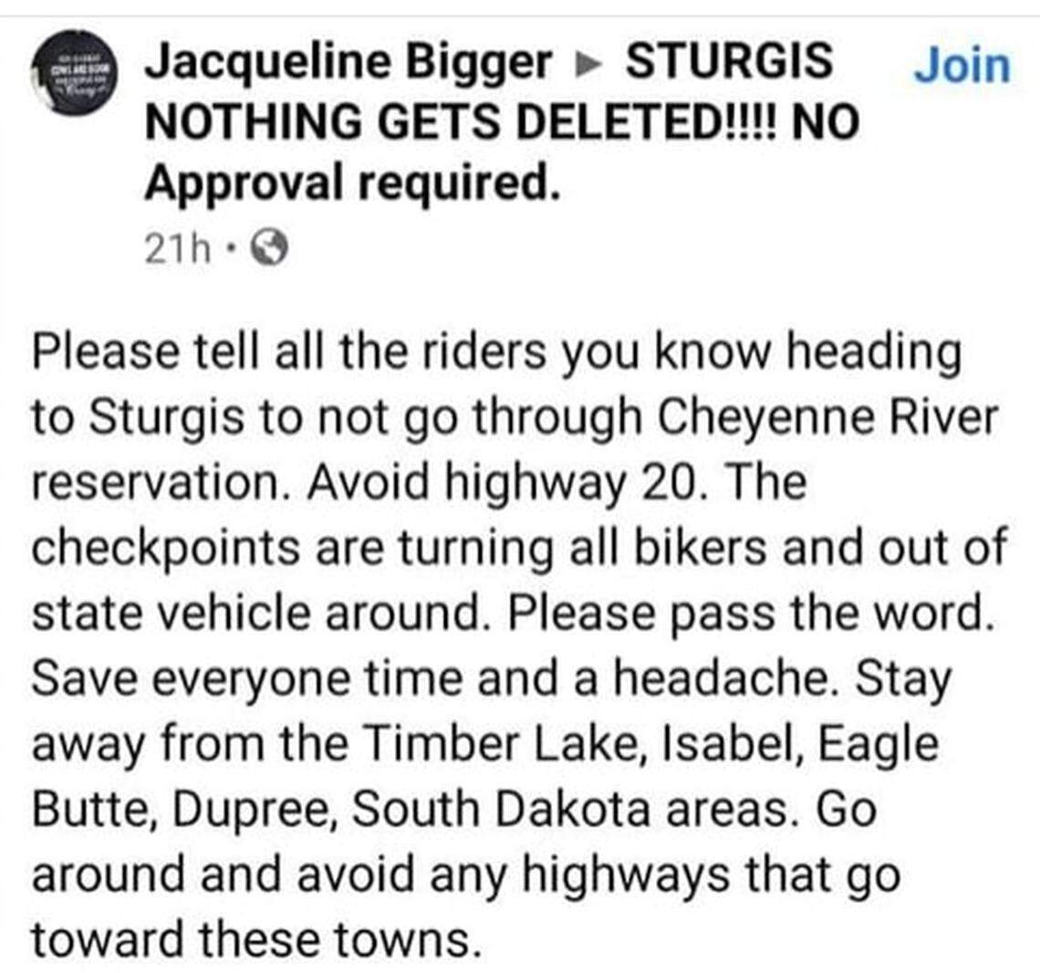 This screenshot of a Facebook posting shows how riders heading to the annual motorcycle rally in Sturgis, South Dakota, are being forced into taking detours around lands controlled by Native Americans, who are trying to keep out the coronavirus.