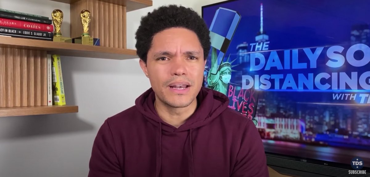 Trevor Noah reacts during a segment about the secret recording of Maryanne Trump Barry