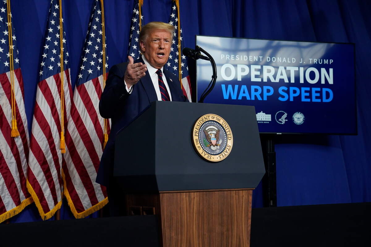 President Donald Trump speaks during a coronavirus briefing at Bioprocess Innovation Center at Fujifilm Diosynth Biotechnologies, Monday, July 27, 2020, in Morrisville, N.C. (AP Photo/Evan Vucci)