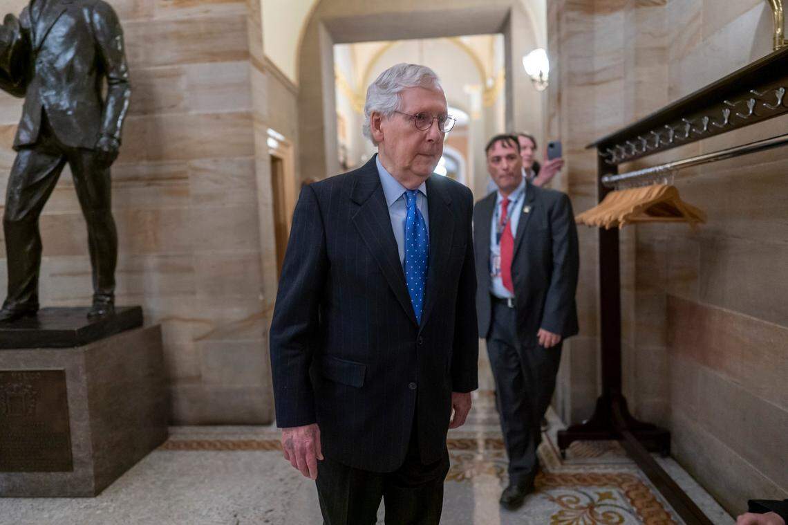 Senate Minority Leader Mitch McConnell, R-Ky., arrives as Senate Republicans gather in the historic Old Senate Chamber for debate as they choose their leadership, at the Capitol in Washington, Wednesday, Nov. 16, 2022. Sen. Rick Scott, R-Fla., an ally of former President Donald Trump, is challenging longtime GOP leader Sen. Mitch McConnell, R-Ky. (AP Photo/J. Scott Applewhite)