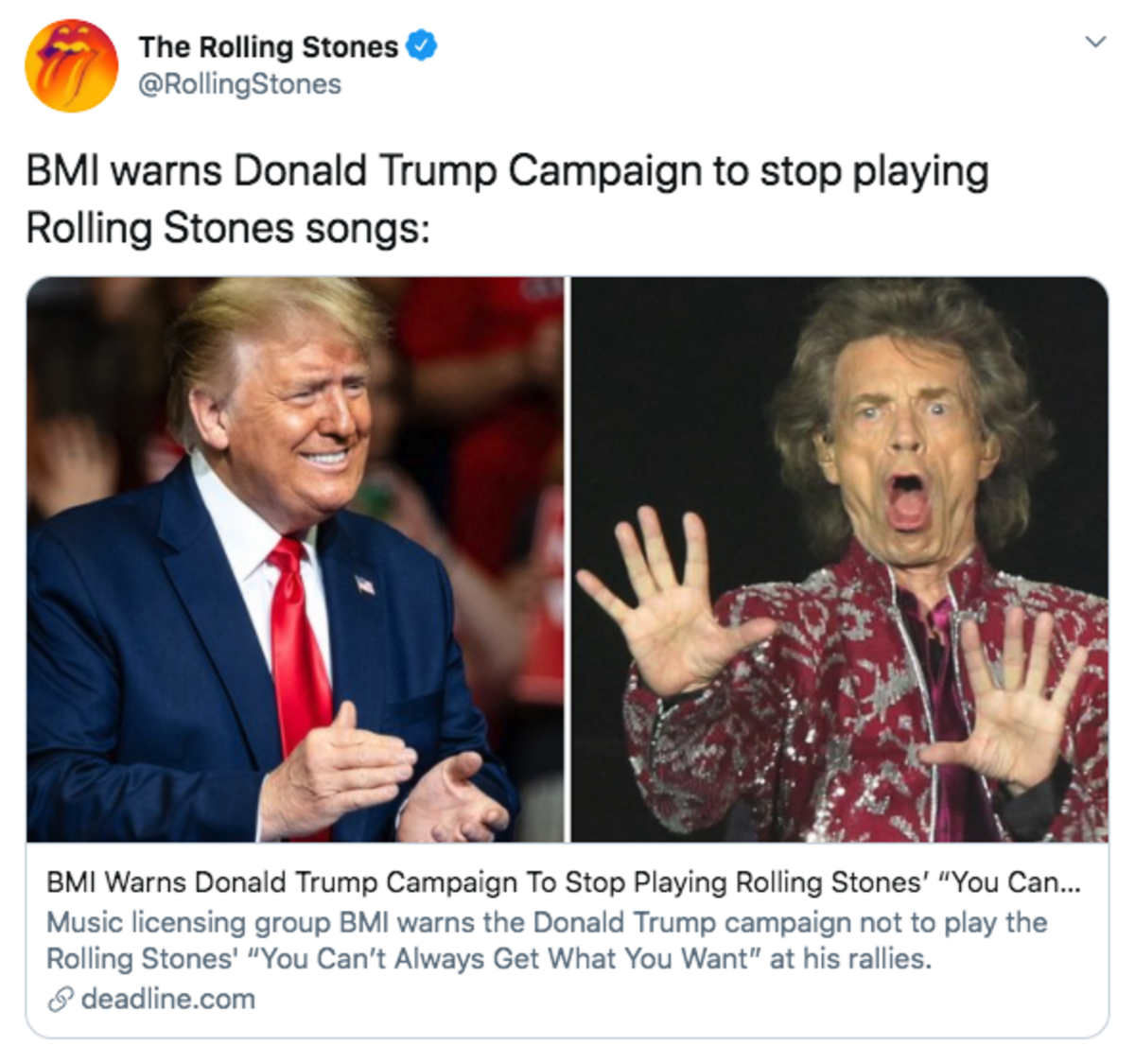 The Rolling Stones and BMI are telling the Trump campaign to stop playing the band’s songs.