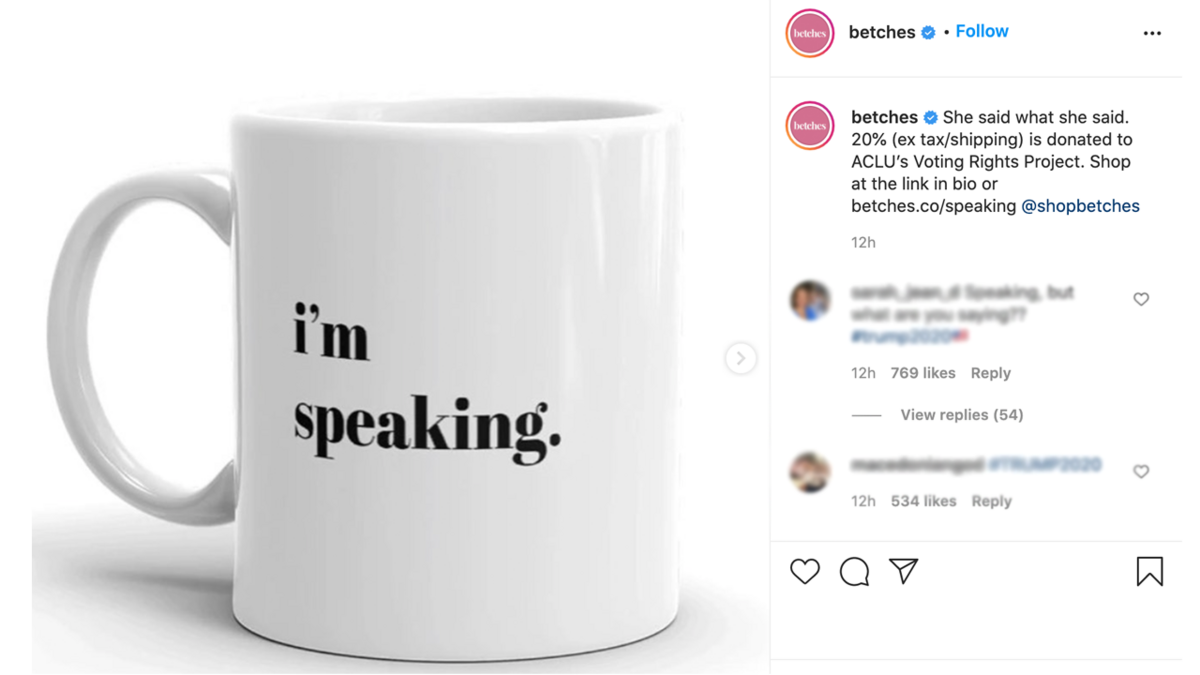 “I’m speaking” became a mug for sale after Sen. Kamala Harris said it during the vice presidential debate to Vice President Mike Pence on October 7, 2020.