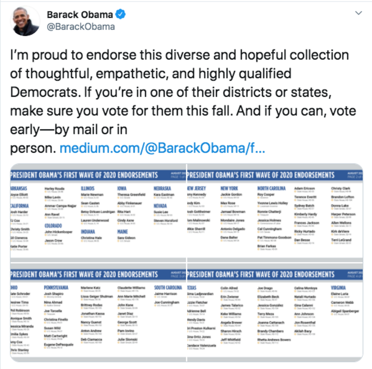 Former president Barack Obama made his “first wave” of endorsements on August 3, 2020
