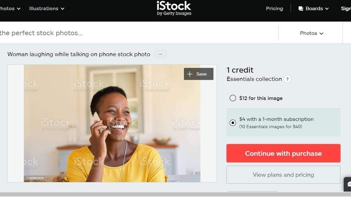 Esta captura de pantalla del sitio web de Istockphoto.com muestra la misma foto de una mujer hablando por teléfono que se usó en los correos electrónicos de la campaña de la candidata sin partido del Distrito 9 Jestine Iannotti.