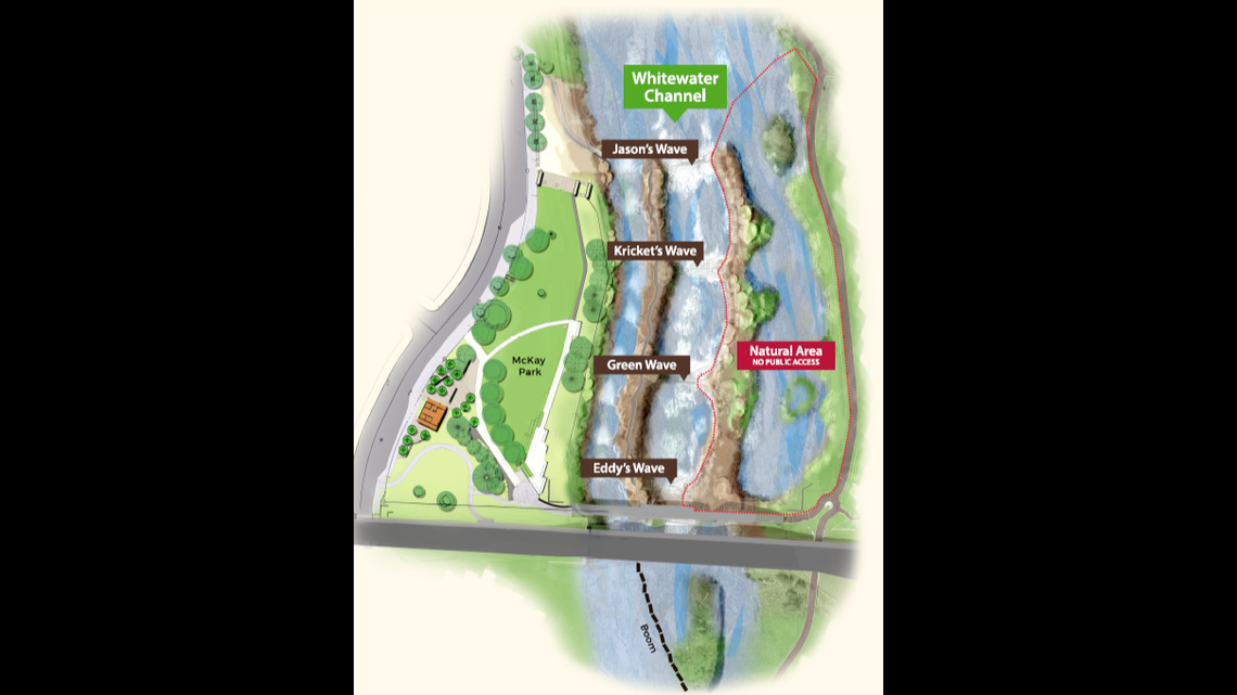 This image shows the three channels the river is separated into. Bend Park and Recreation District officials say the man went through the whitewater channel.