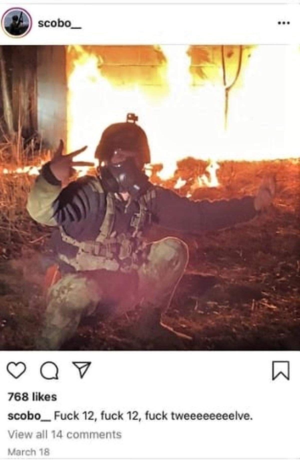 This screenshot from the now-removed Instagram account of @Scobo shows the presumed account user flashes three fingers to represent the right-wing 3 percenter movement, which believes civil war is imminent. The crude language followed by the number 12 is meant as an insult to police.
