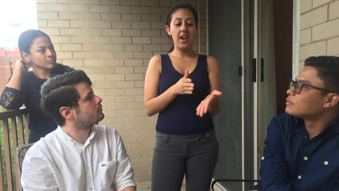 Nicaraguan student leader Zayda Hernández explains why her and other student advocates need President Trump's help to topple Nicaraguan president Daniel Ortega.  L-R, Migueliuth Sadoval Cruz, Fernando Jose Sanchez, Hernández, Victor Cuadras