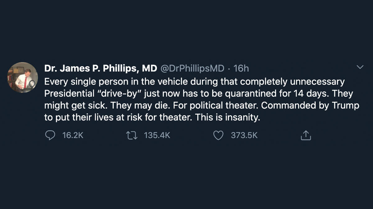 Dr. James Phillips of Walter Reed National Medical Center tweets his opinion about President Trump’s motorcade outside the hospital during his stay.