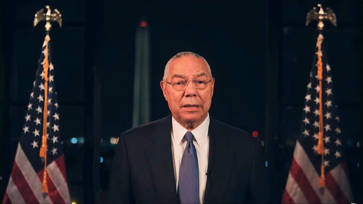 In this image from video made available before the start of the convention, former Secretary of State Colin Powell speaks during the second night of the Democratic National Convention on Tuesday, Aug. 18, 2020.