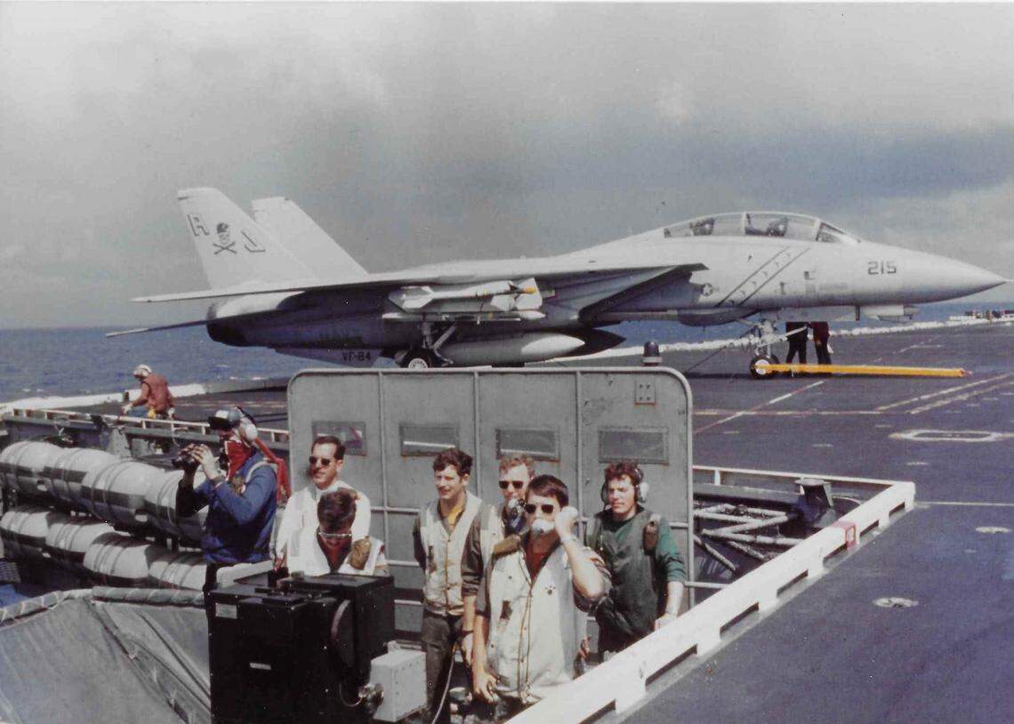 Retired Navy Cmdr. Thomas “Boot” Hill on the flight deck of the aircraft carrier USS Nimitz in 1985 when he was assigned as the carrier air group’s landing safety officer. Hill along with other Navy and Air Force pilots have been calling attention to what they see as an alarming rise in the number of cancers among military aviators.