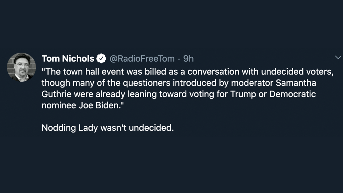 The Nodding Lady behind President Trump at the NBC town hall in Miami drew the attention of many people on Oct. 15, 2020.
