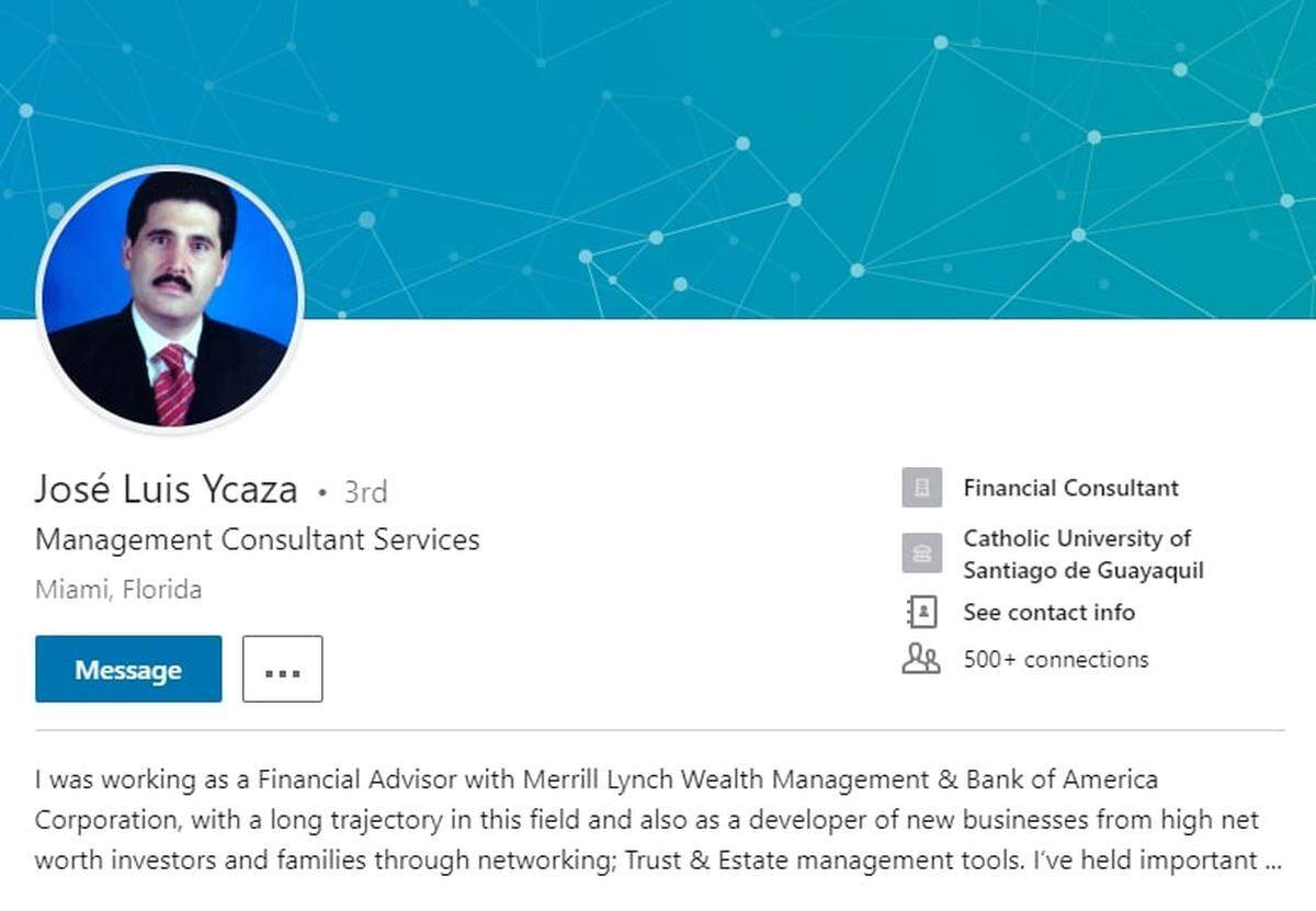 Captura de pantalla de la página en LinkedIn de José Luis Ycaza, ex alto funcionario del Banco Central de Eacuador que aparece en compañías registradas en la Florida por John Polit, condenado en Ecuador por ser cómplice de su padre, Carlos Polit, para ocultar $10 millones en extorsiones.