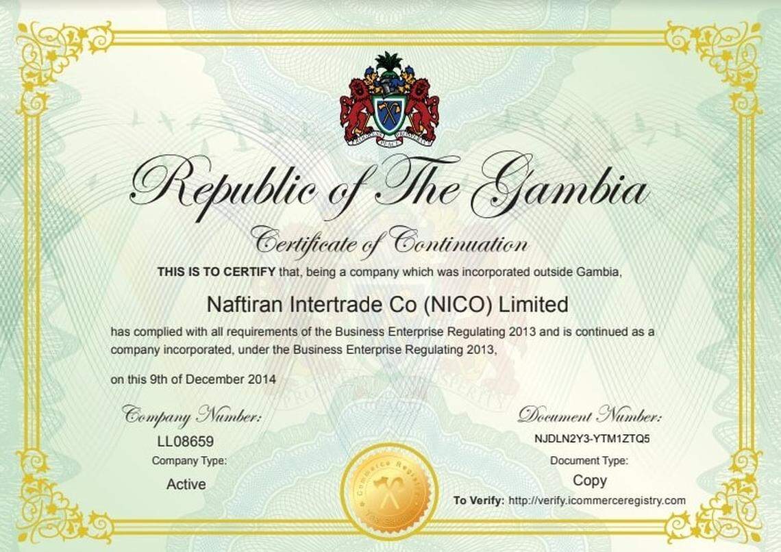 This screenshot of an official document found in the Formations House files. It shows a Certificate of Continuation in the West African nation of Gambia for the Iranian oil firm Naftiran Intertrade Co. Formations House and middlemen helped that company hopscotch between tax havens.