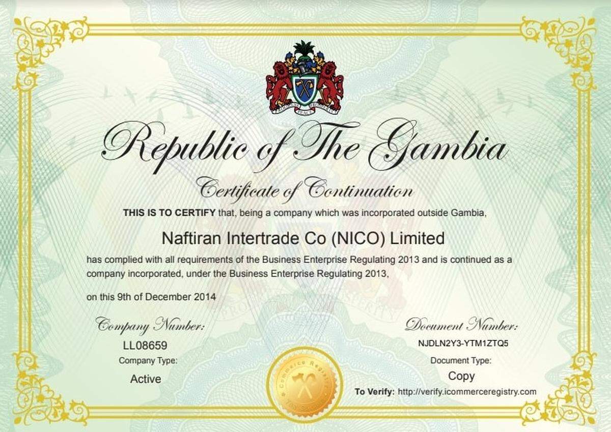 This screenshot of an official document found in the Formations House files. It shows a Certificate of Continuation in the West African nation of Gambia for the Iranian oil firm Naftiran Intertrade Co. Formations House and middlemen helped that company hopscotch between tax havens.