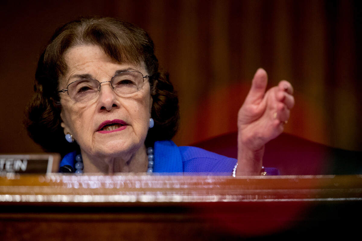 Ranking Member Sen. Dianne Feinstein, D-Calif., speaks during a Senate Judiciary Committee hearing on Capitol Hill in Washington, Tuesday, June 9, 2020, to examine COVID-19 fraud, focusing on law enforcement’s response to those exploiting the pandemic. (AP Photo/Andrew Harnik, Pool)