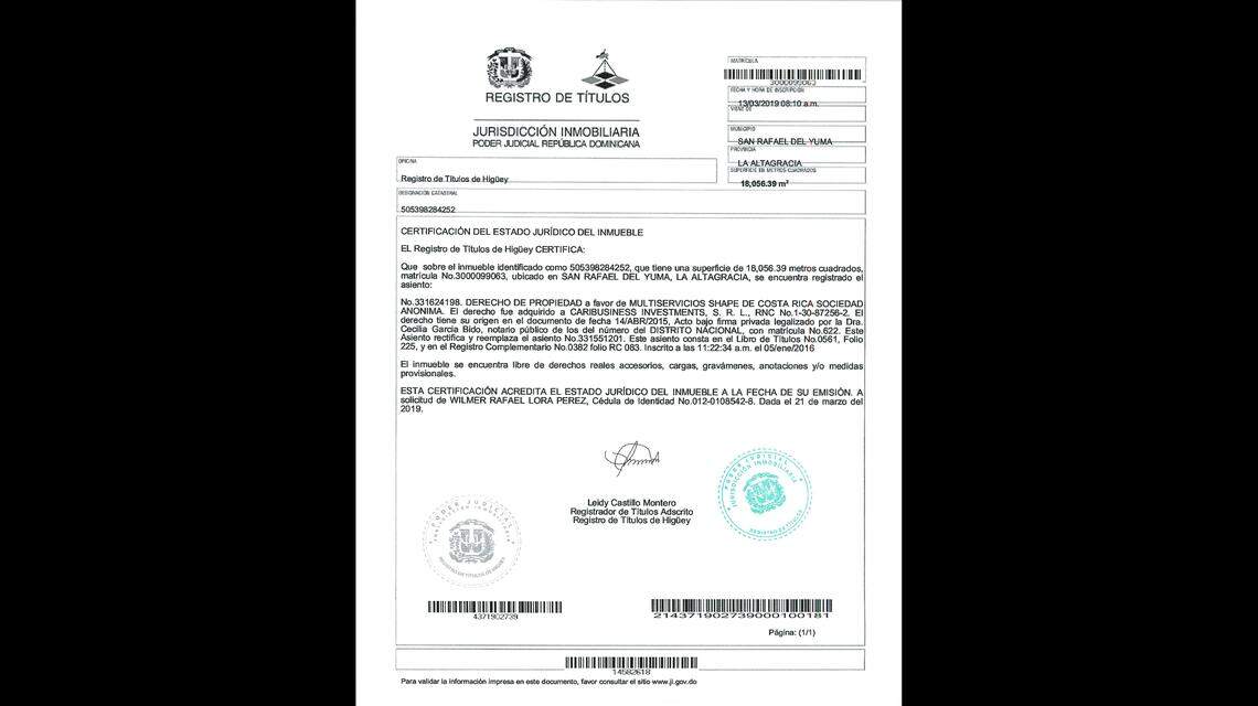 Property record from the Dominican Republic showing that Multiservicios Shape de Costa Rica acquired a parcel of land in April 2015 from the Trump company Caribusiness Investments. The land had been granted to the Trump Organization as part of a 2013 lawsuit settlement with the developers of Cap Cana.