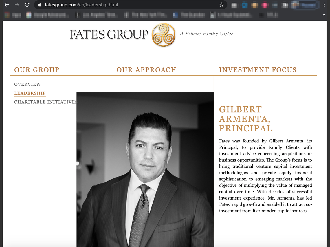 A screenshot from the website of Gilbert Armenta’s firm Fates Group, one of the Fort Lauderdale companies at the center of the money-laundering charges. According to court testimony, Armenta was one of OneCoin founder Ruja Ignatova’s chief money launderers.
