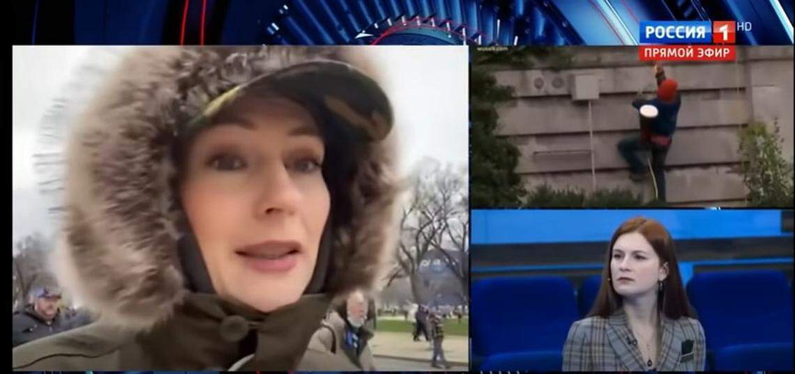This screenshot shows a pro-government Russia 1 broadcast, with a split screen between U.S. blogger Yelena Nikitskaya and Maria Butina on the right in the Moscow studio. Butina was jailed in 2018 by United States as an unregistered foreign agent for Russia. Behind Nikitskaya’s right shoulder during the Jan. 6 protests is Steve Doudnik, a Russian-language blogger from South Florida.