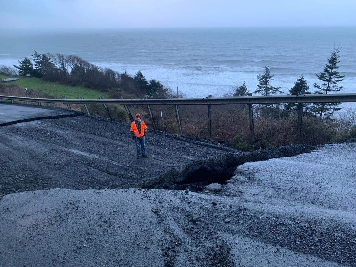 A landslide shut down a part of the U.S. Highway 101 near Port Orford on Jan. 9, 2023, officials said.