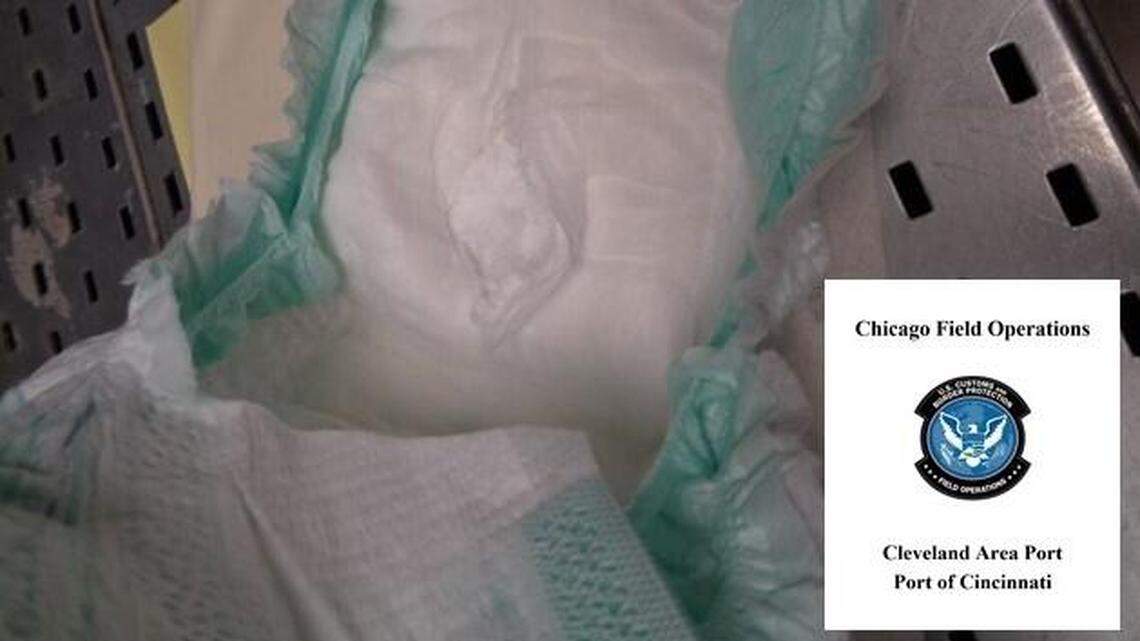 U.S. Customs and Border Protection says officers in Cincinnati stopped this shipment of “dirty” meth-filled diapers heading from Texas to Australia.