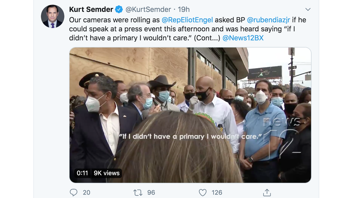 The crew of The News12 The Bronx crew caught New York Rep. Eliot Engel, who is facing his most competitive Democratic primary race in decades, on a hot mic asking Bronx Borough President Ruben Diaz Jr. for a turn to speak at a news conference.