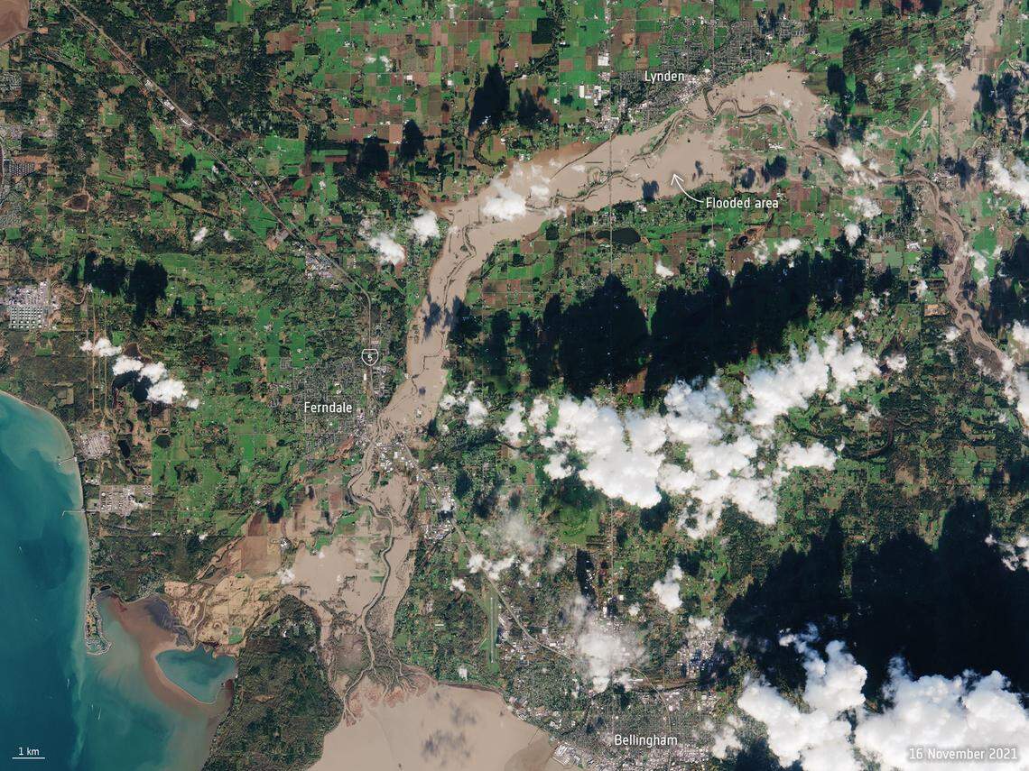 In this Nov. 16, 2021, image, the Nooksack River is shown flooded near Ferndale and Bellingham, Washington.