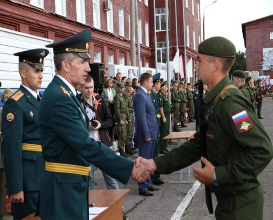 This undated photo from the Russian website PenzaInform.Ru shows Major Gen.  Alexander Tsapliuk greeting an artillery cadet.