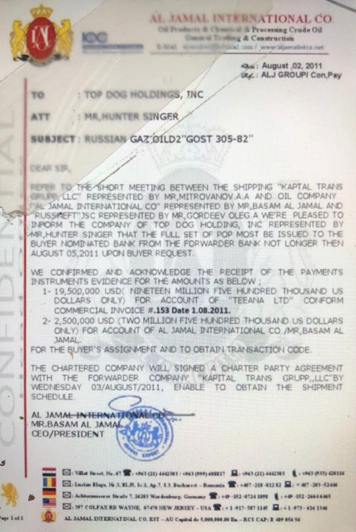 This snippet from an apparent oil deal shows Top Dog Holdings, a South Florida company, involved in a transaction with an oil trader who worked in and around Syria and a Cyprus company, Teeana Limited, found in a database of potential Russian money launderers.