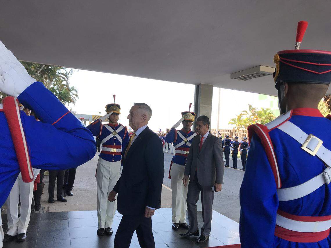 Defense Secretary Jim Mattis walking into Brazil’s Ministry of Defense in Brasilia on Monday, Aug. 13, 2018.
