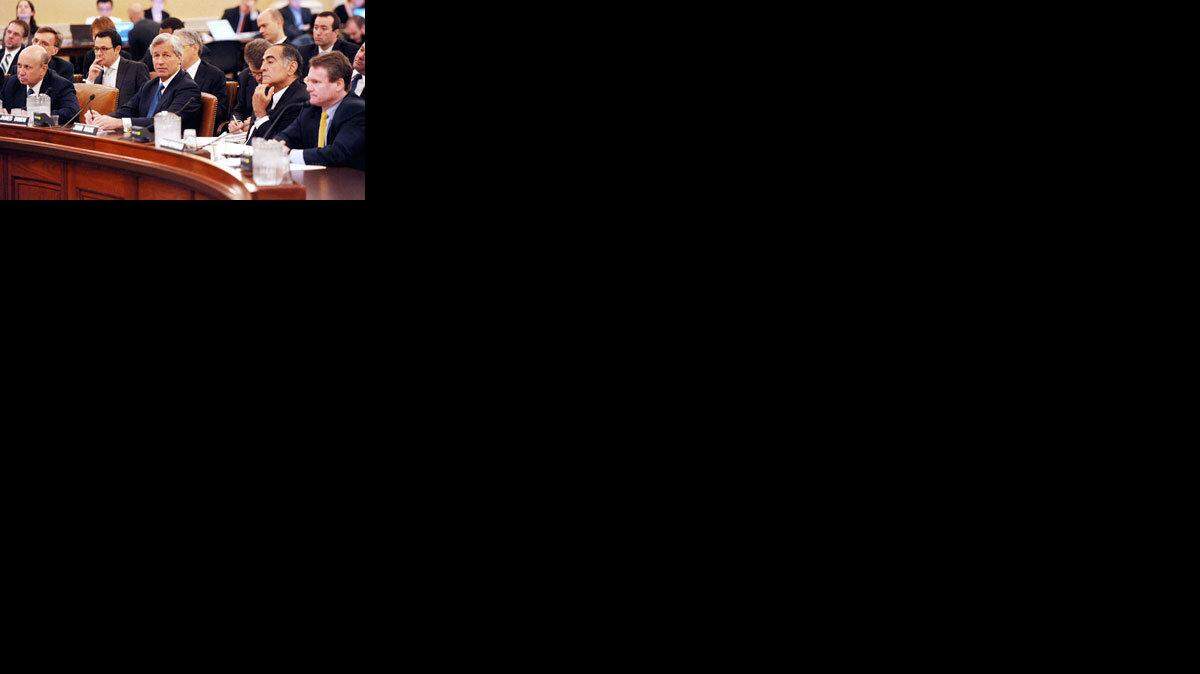 From left, Lloyd C. Blankfein, Chairman of the Board and CEO, Goldman Sachs Group, Inc.; Jamie Dimon, Chairman of the Board and CEO, JPMorgan Chase & Company; John J. Mack, Chairman of the Board, Morgan Stanley; Brian Moynihan, Chief Executive Officer and President, Bank of America Corporation, testify before the Financial Crisis Inquiry Commission.  Watch the hearings live on CSPAN2.