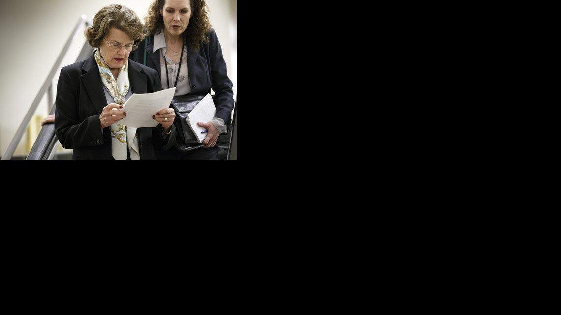 Senate Intelligence Committee Chair Sen. Dianne Feinstein, D-Calif., heads to closed-door meeting on Capitol Hill in Washington, April 3, 2014.

