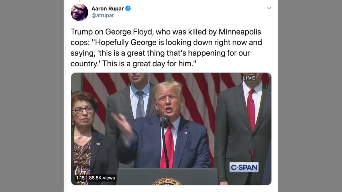 A tweet about the statements President Trump made regarding George Floyd during a press conference on the economy on June 5, 2020