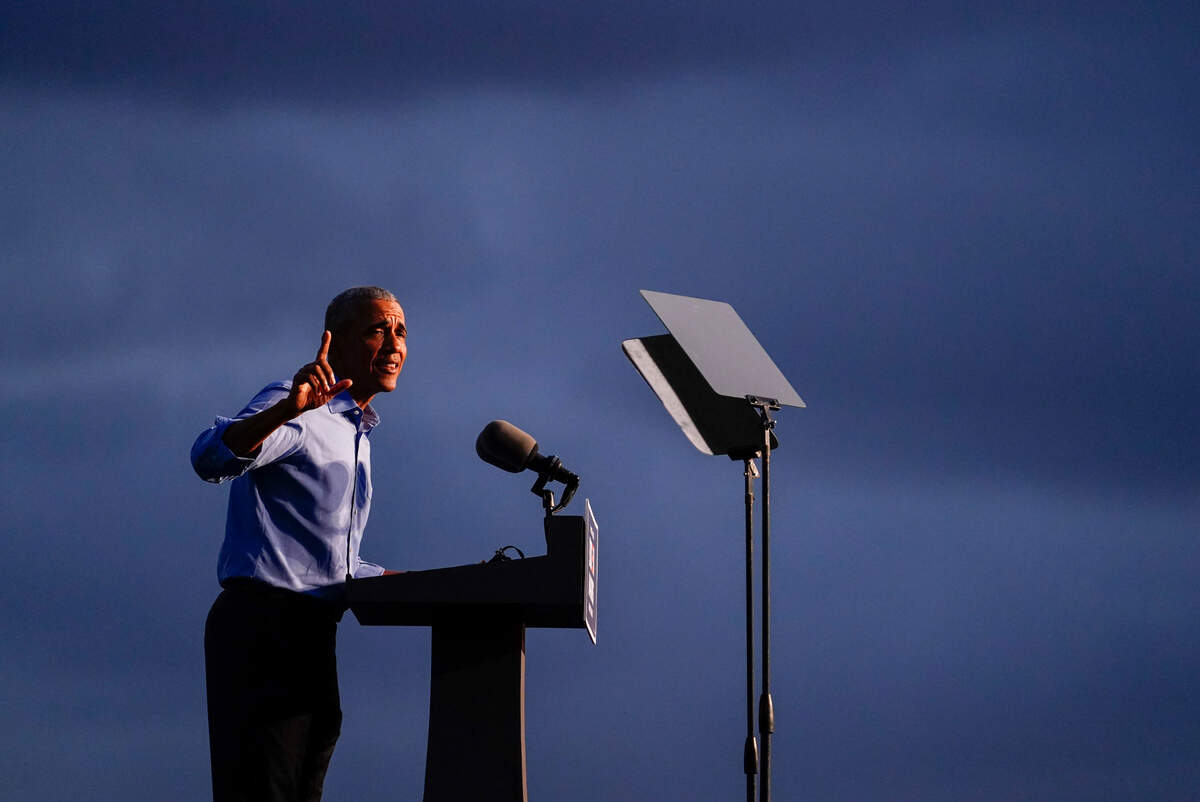 Former President Barack Obama speaks at Citizens Bank Park as he campaigns for Democratic presidential candidate former Vice President Joe Biden, Wednesday, Oct. 21, 2020, in Philadelphia. (AP Photo/ Matt Slocum)
