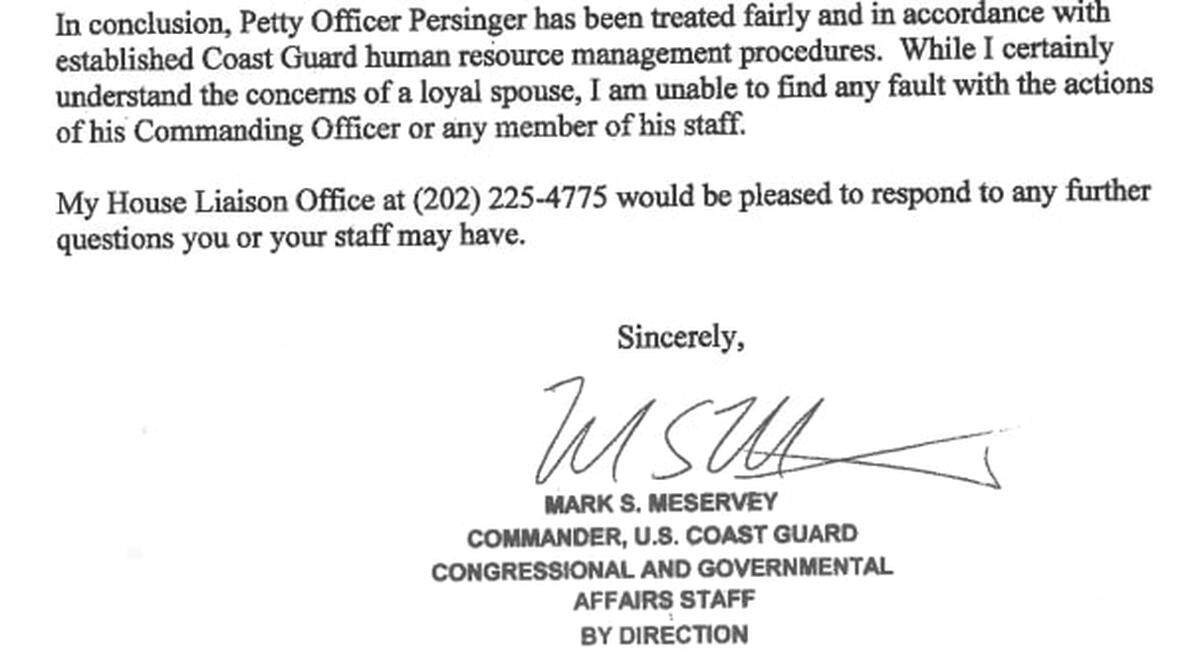 This screenshot shows an April 2008 response from the U.S. Coast Guard to a request for a response from Rep. Don Young, R-Alaska, that dismissed retaliation concerns raised by Sean Persinger’s wife, Jacey.