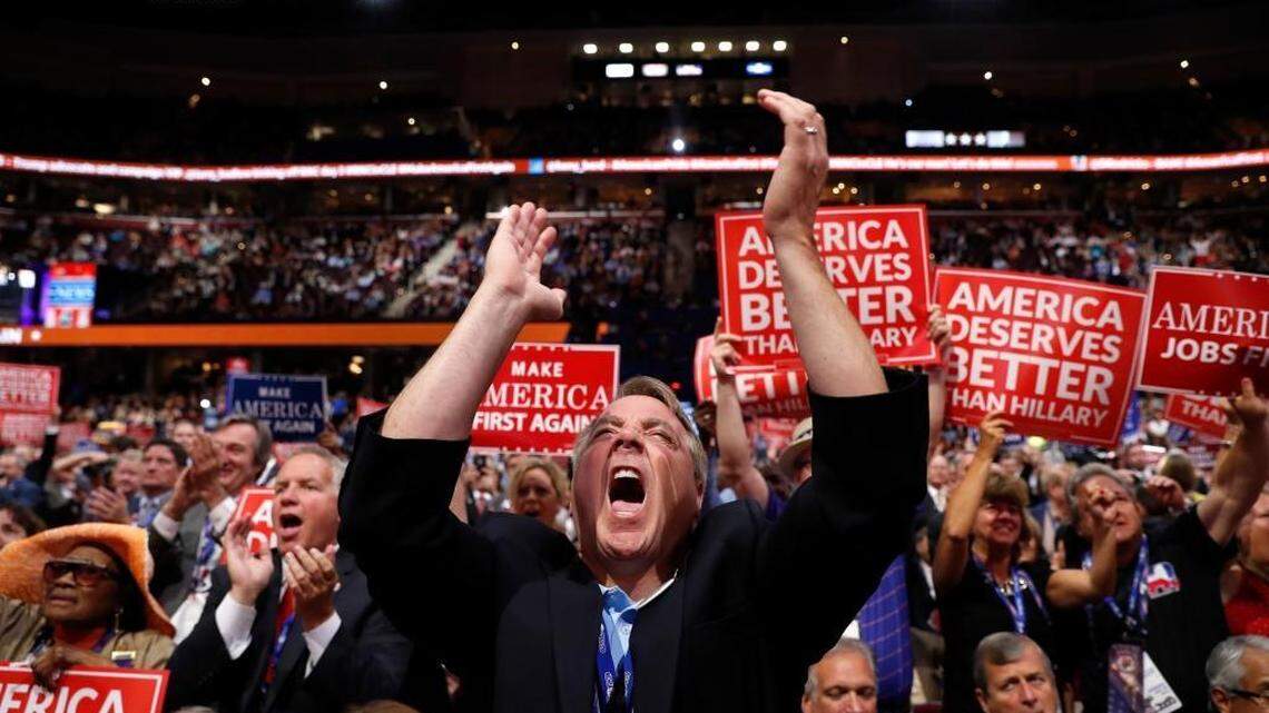 New York delegate David DiPietro reacts during the third day session of the Republican National Convention in Cleveland, Wednesday, July 20, 2016.