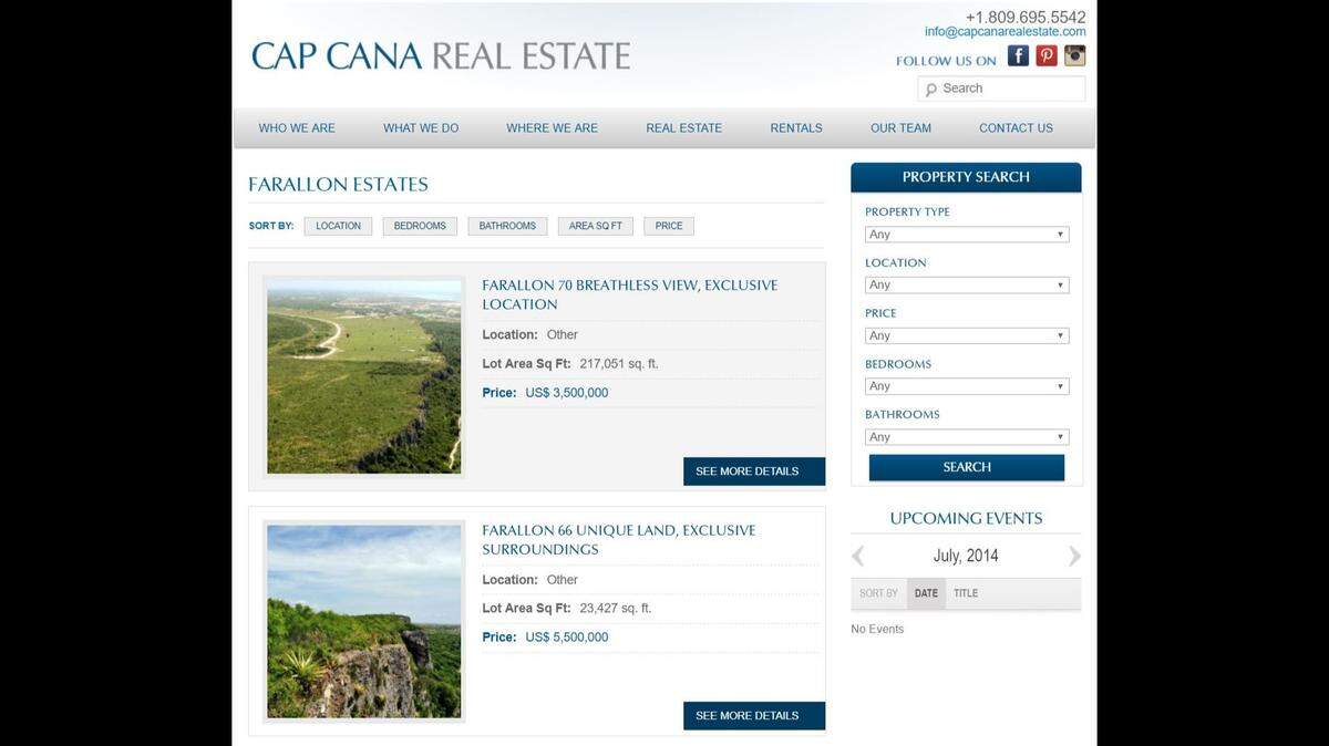 This screenshot, captured by the Wayback Machine, shows the listing in 2014 for two lots in the Dominican Republic belonging to the Trump Organization and offered for sale. The lots were given to the Trump Organization in a settlement over unpaid licensing fees.