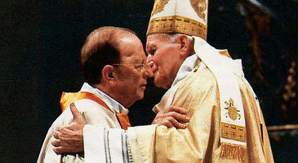 The late Mexican priest Marcial Maciel is embraced by late Pope John Paul II in a ceremony Jan. 3, 1991. Maciel, who died in 2008, has been accused as a serial pederast.