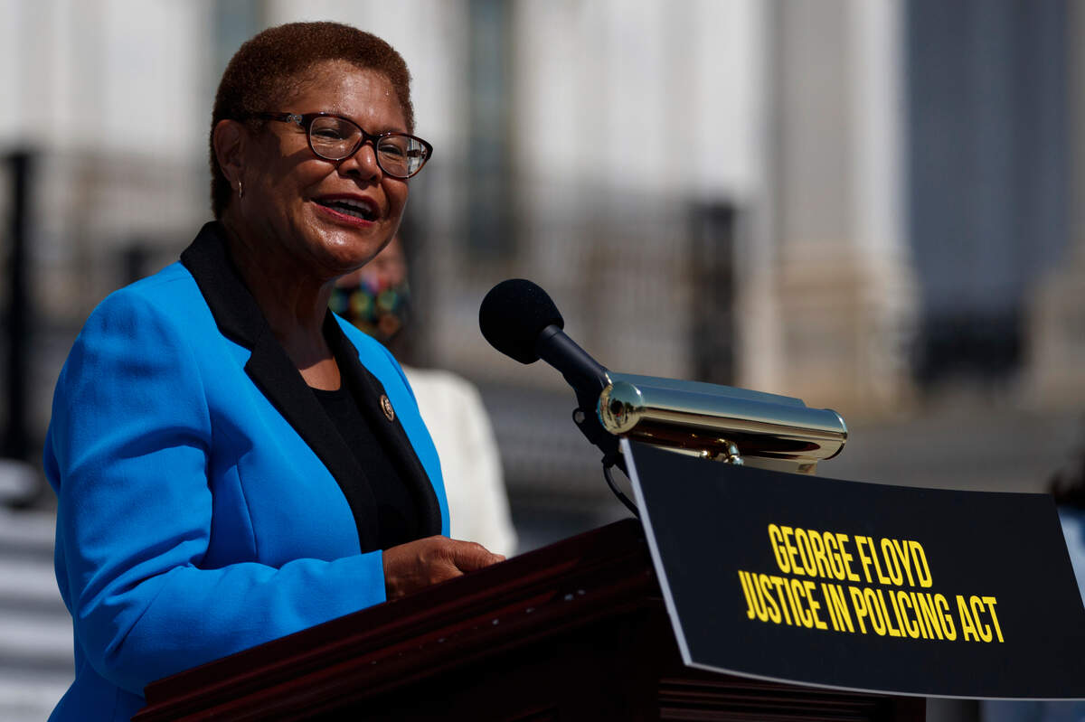 Rep. Karen Bass, D-Calif., speaks during a news conference on the House East Front Steps on Capitol Hill in Washington, Thursday, June 25, 2020, ahead of the House vote on the George Floyd Justice in Policing Act of 2020. (AP Photo/Carolyn Kaster)