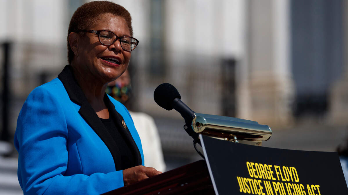 Rep. Karen Bass, D-Calif., speaks during a news conference on the House East Front Steps on Capitol Hill in Washington, Thursday, June 25, 2020, ahead of the House vote on the George Floyd Justice in Policing Act of 2020. (AP Photo/Carolyn Kaster)