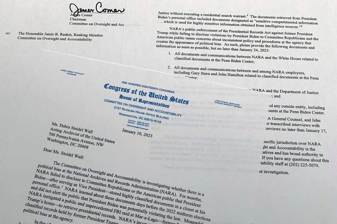 The letter from House Oversight chairman Rep. James Comer, R-Ky., to Debra Steidel Wall, archivist of the United States, is photographed Tuesday, Jan. 10, 2023. The letter requested, among other things, all documents and communications between the National Archives and Records Administration related to classified documents at the Penn Biden Center. (AP Photo/Jon Elswick)