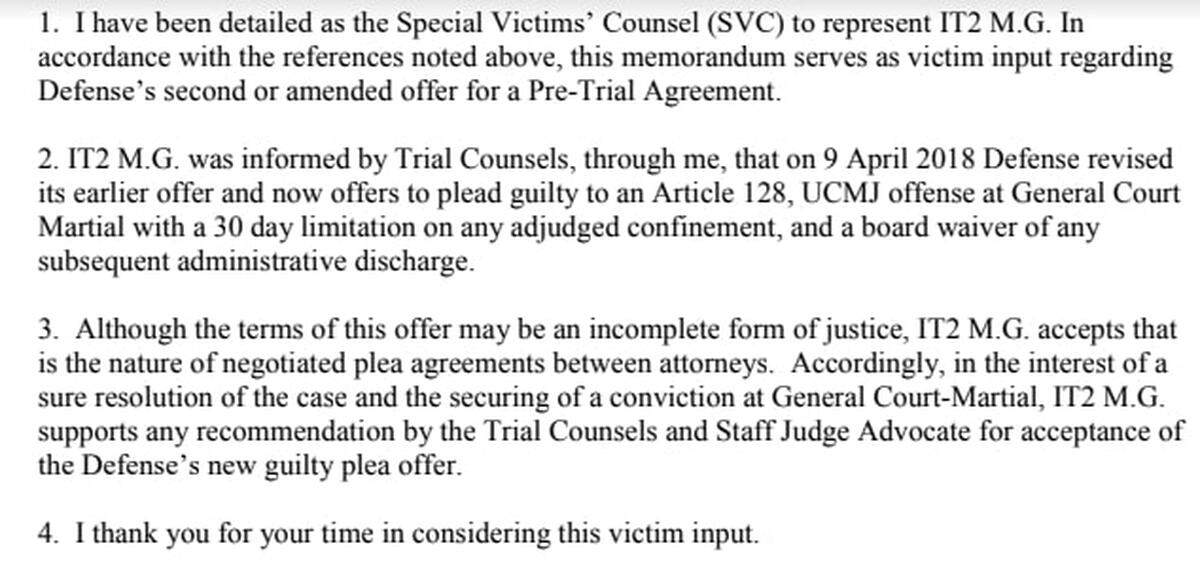 This screenshot shows the document where representatives for Monique Garbutt accept a deal, where the service member who was charged with sexually assaulting her got a lesser charge of simple assault. Months later when Garbutt saw the actual investigative documents she felt she’d been lied to by the Coast Guard, who told her there was insufficient evidence.