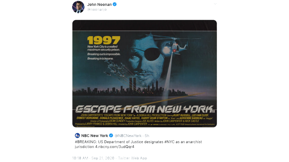 Analyst John Noonan tweets about a report of the Justice Department declaring New York City an “anarchist jurisdiction”