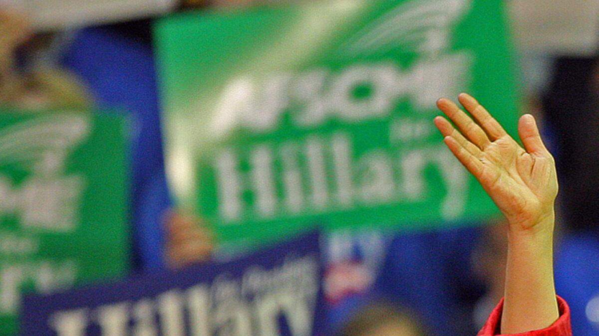 Sen. Hillary Clinton campaigns Tuesday at the Palestra on the campus of the University of Pennsylvania in Philadelphia.