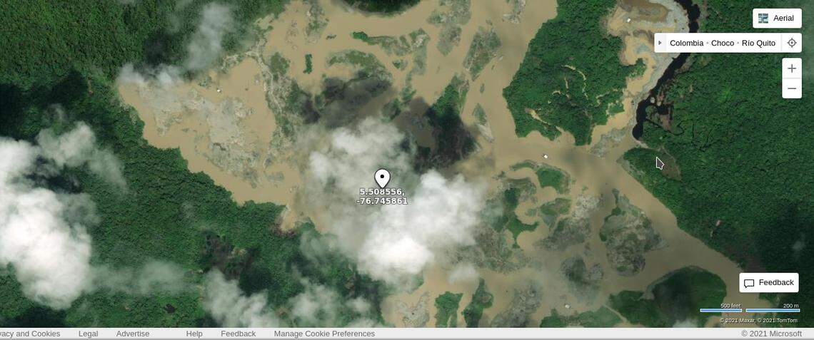 This satellite image shows the area of Rio Quito in the Colombian state of Chocó where illegal gold mining has displaced sediment and disrupted river beds. It is in this area where prosecutors broke up an illegal mining operation that they wanted to question two Miami men about in late 2018.