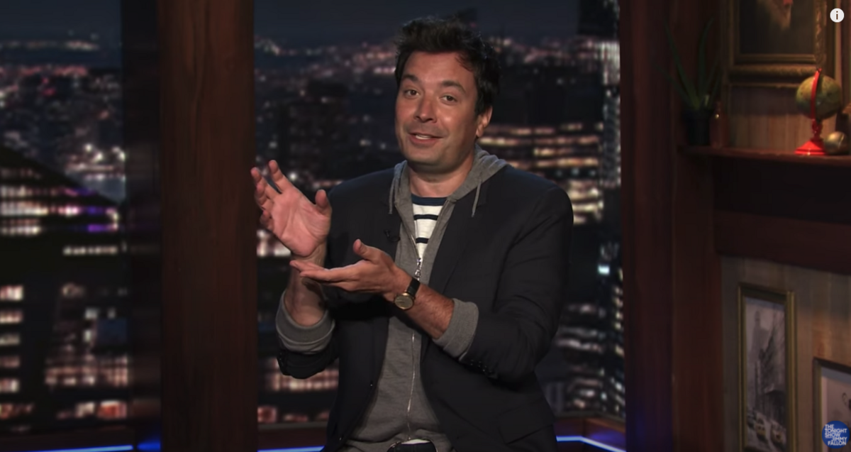 Jimmy Fallon holds up a pretend ham during his monologue about the Trump campaign’s spending.