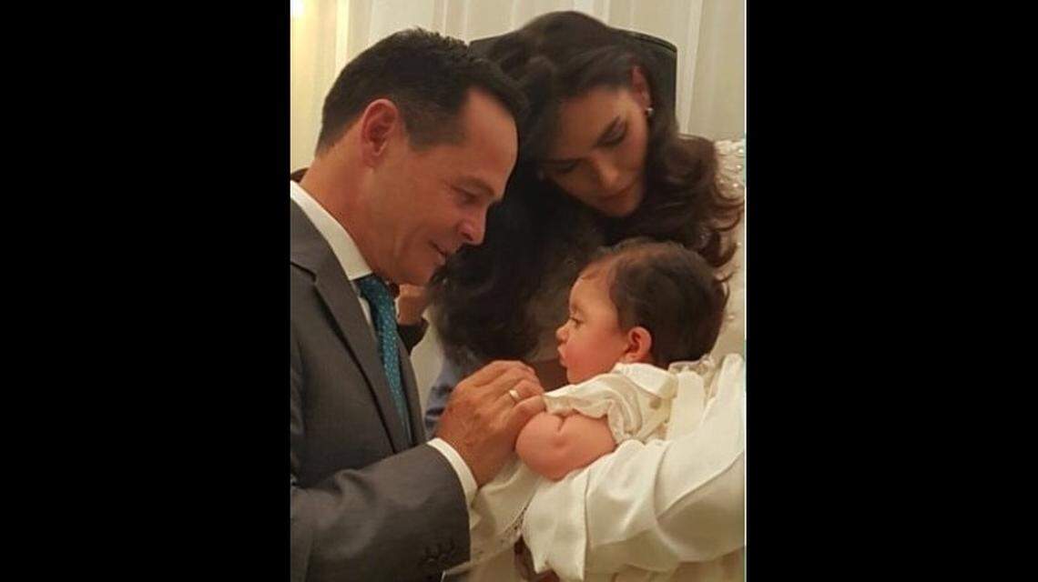 This 2015 photo posted on the public Instagram page of Venezuelan beauty queen Veruzhka Ramirez shows then-Tachira Gov. Jose Gregorio Vielma Mora playing with Ramirez’s daughter, Sofia. Vielma Mora became godfather to the child. He was sanctioned by the U.S. Treasury Department on July 25, 2019, for participation in an alleged food bribery scheme.
