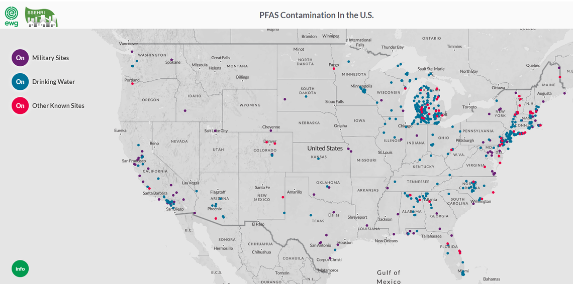 A new database compiled by the Environmental Working Group and Northeastern University shows that PFAS contamination of public and military water drinking sources is more pervasive than previously reported. Based on public water utility reports and DOD data, the groups report that 610 locations in 43 states have PFAS contamination, impacting an estimated 19 million people. PFAS chemical compounds have been linked to cancers and birth defects.