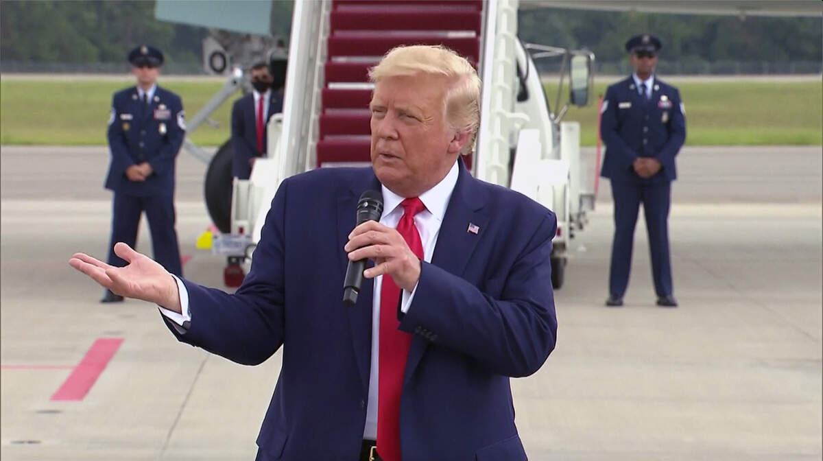 President Donald Trump talks about mail voting in Wilmington, N.C. on Sept. 2