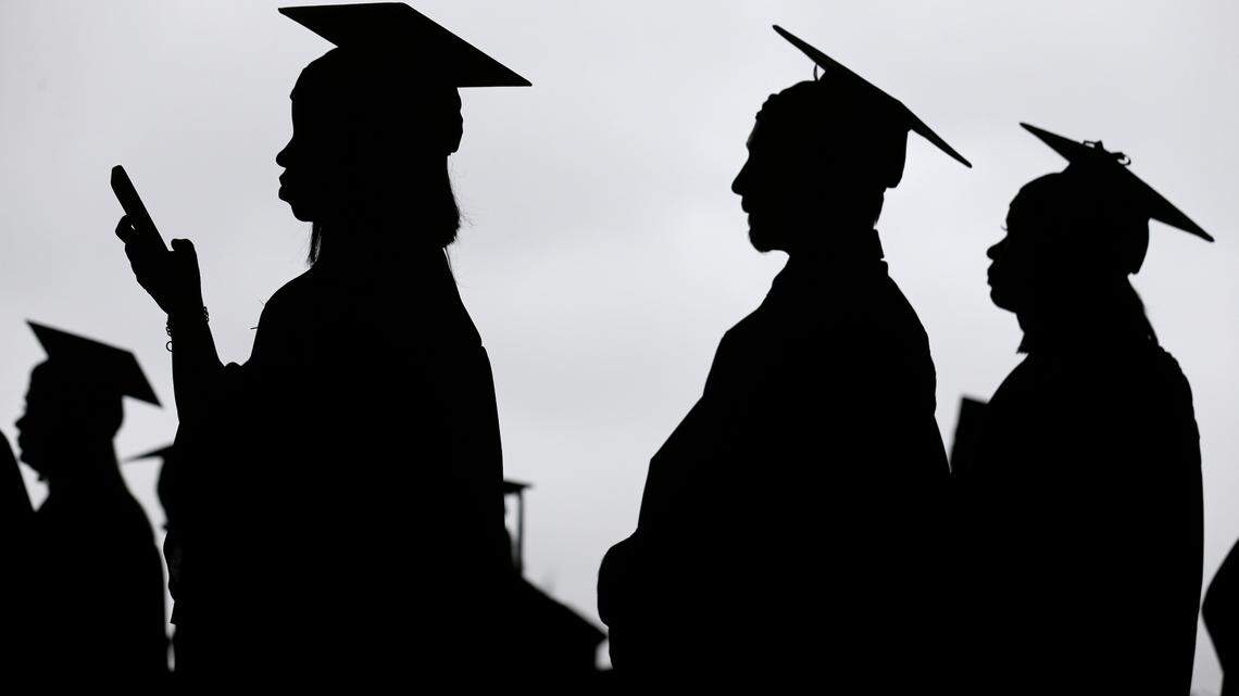 FILE - In this May 17, 2018, file photo, new graduates line up before the start of the Bergen Community College commencement at MetLife Stadium in East Rutherford, N.J. (AP Photo/Seth Wenig, File)