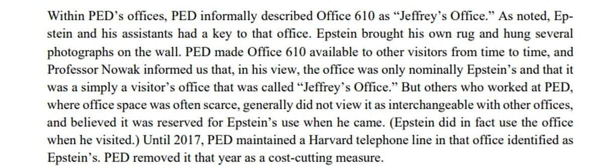 This screenshot of an internal investigation by Harvard University into its ties to Jeffrey Epstein describes how the disgraced financier maintained an office there long after his conviction for soliciting prostitution from a minor.
